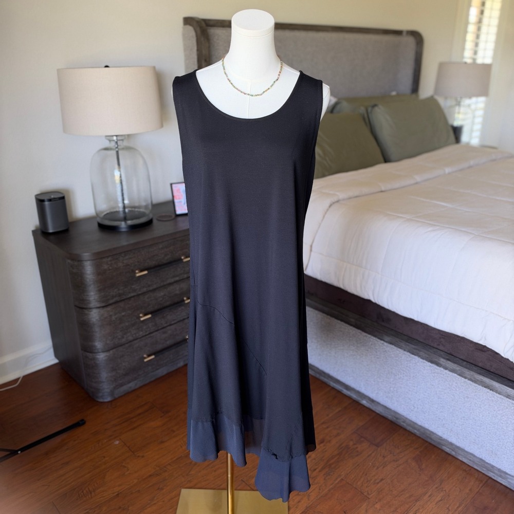 Eileen Fisher Black Sleeveless Asymmetrical Hem Midi Dress Rayon Blend Large